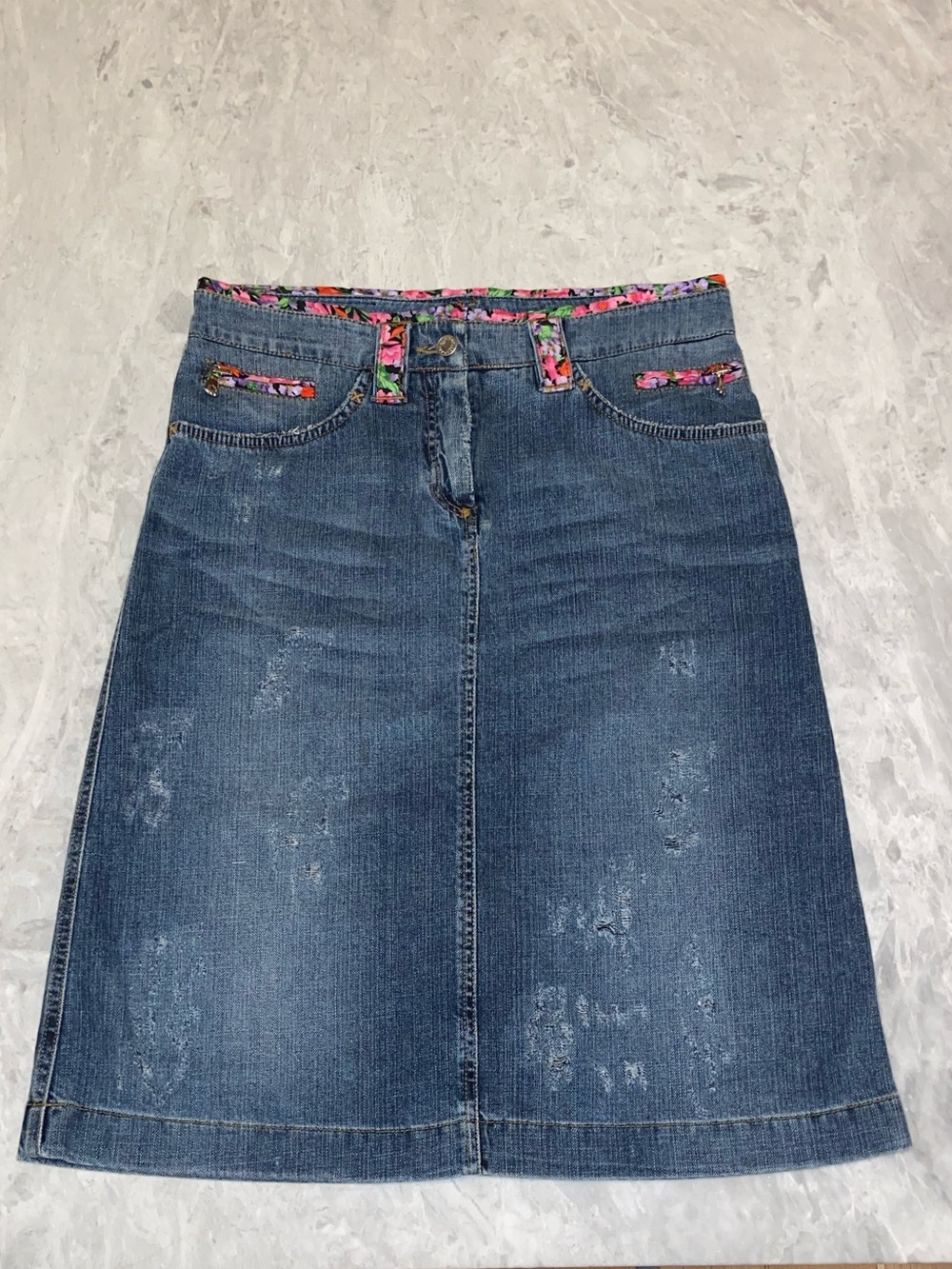 Dolce & Gabbana Vintage Denim Floral Trim Skirt